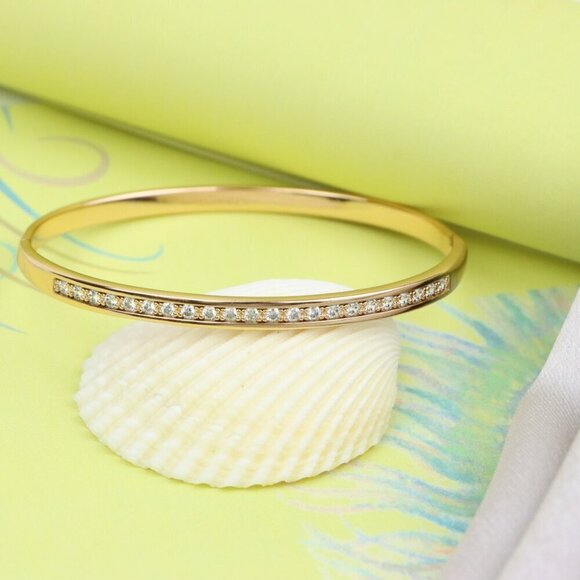 Elegant Rose Gold Bangle with CZ Stones in Sleek Minimal Design, XPBL0415 - Picture 2 of 11